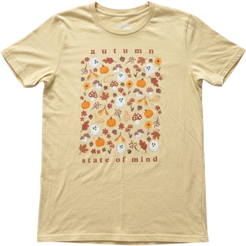 Autumn State of Mind Graphic Tee Mustard Yellow Small Mushroom Ghost Acorn